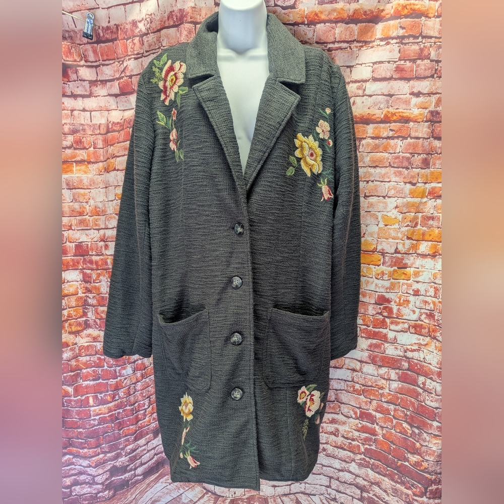 Kate & Sam Charcoal Floral Embroidered Long Coat XXL